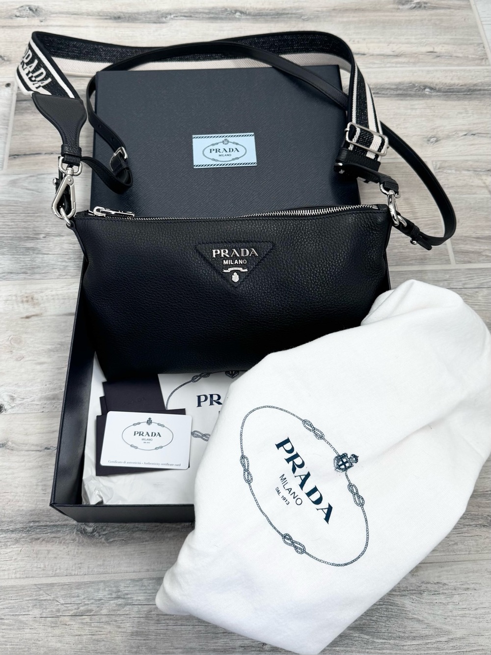 Prada Black Vitello Daino Silver Crossbody Messenger Bag